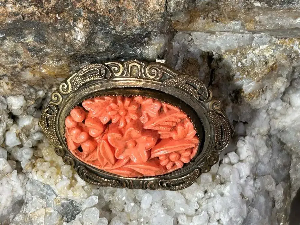 Vintage carved red coral ornate floral brass bronze brooch